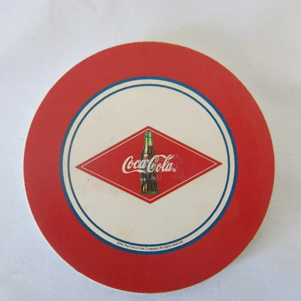 Vintage COCA COLA COKE Coasters in Wood Holder Stone Cork Set of 4 Soda Drinks